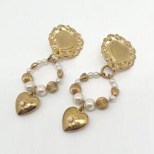 Vintage Gold Tone Clip On Heart Earrings With Detachable Beaded Dangle Heart